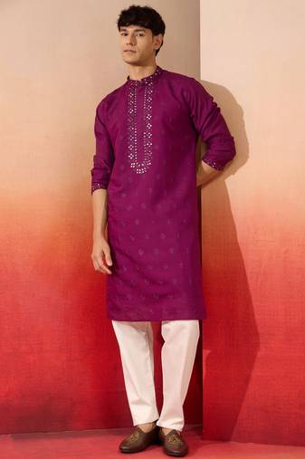 Purple silk blend mirror work kurta with cream pyjama - festival set