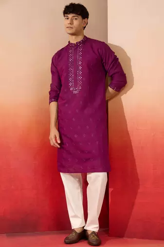 Purple silk blend mirror work kurta with cream pyjama - festival set