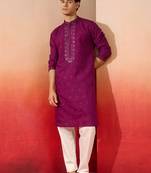 Purple silk blend mirror work kurta with cream pyjama - festival set