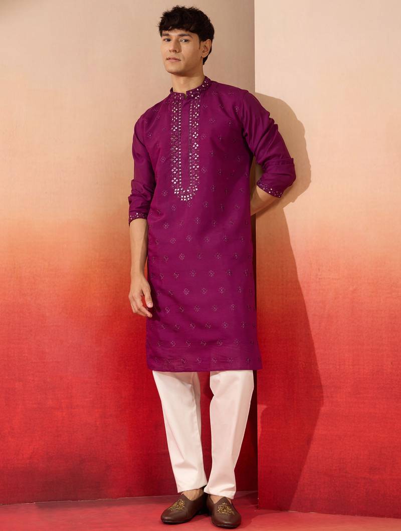 Purple silk blend mirror work kurta with cream pyjama - festival set