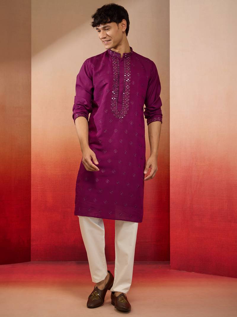 Purple silk blend mirror work kurta with cream pyjama - festival set