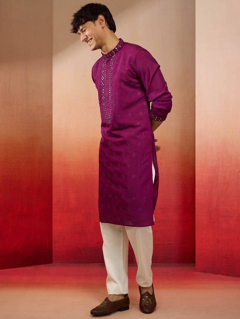 Purple silk blend mirror work kurta with cream pyjama - festival set