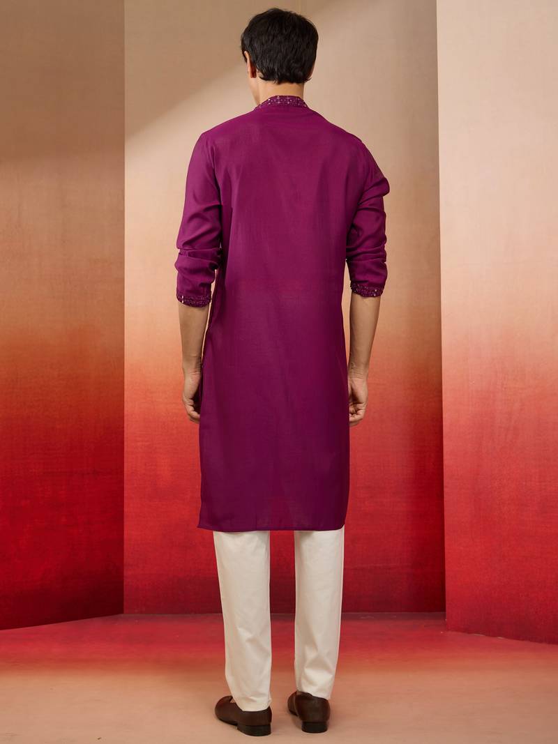 Purple silk blend mirror work kurta with cream pyjama - festival set