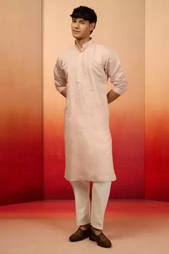 Peach silk blend embroidered kurta with cream pyjama - festive set