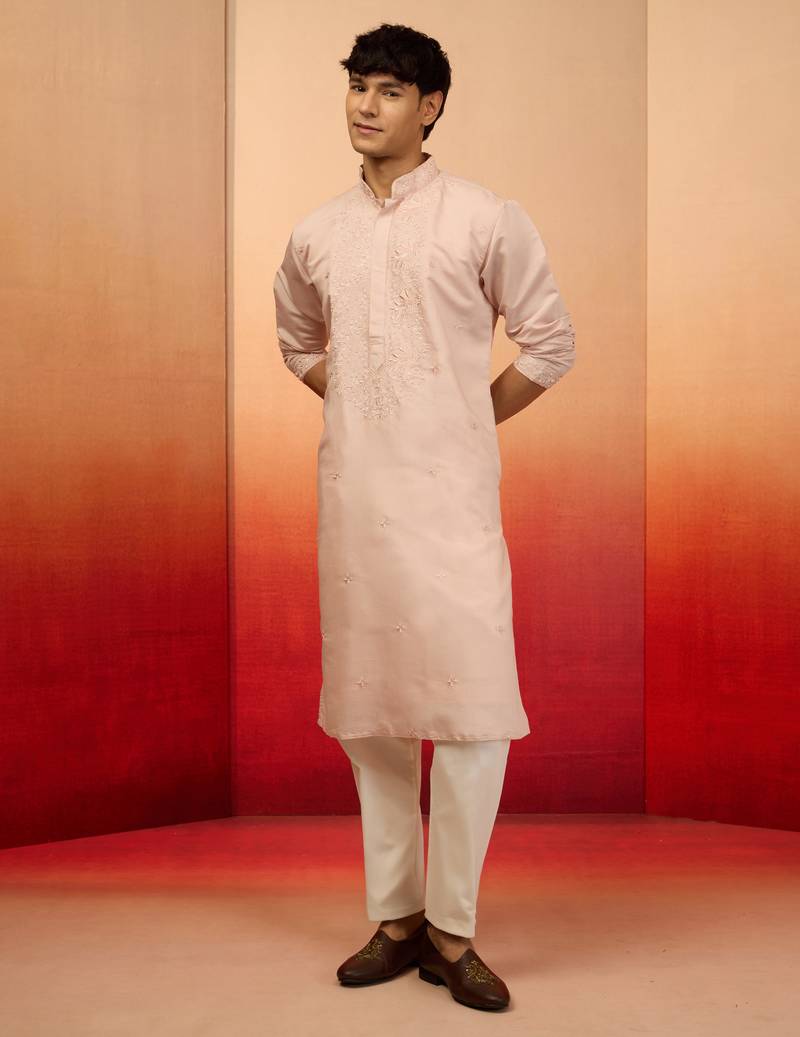 Peach silk blend embroidered kurta with cream pyjama - festive set