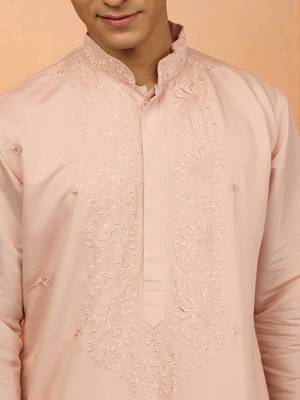 Peach silk blend embroidered kurta with cream pyjama - festive set 2