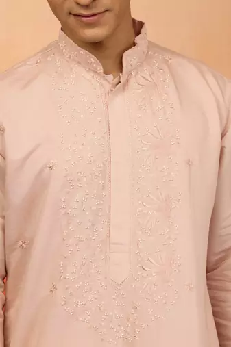 Peach silk blend embroidered kurta with cream pyjama - festive set