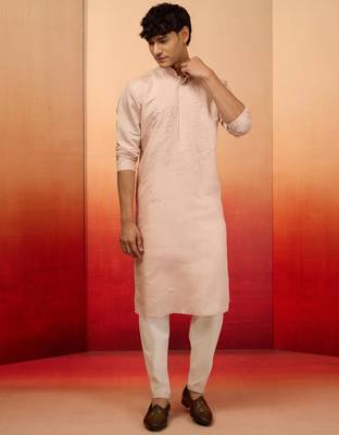 Peach silk blend embroidered kurta with cream pyjama - festive set 3
