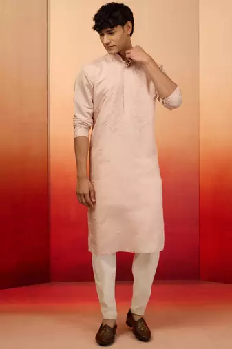 Peach silk blend embroidered kurta with cream pyjama - festive set