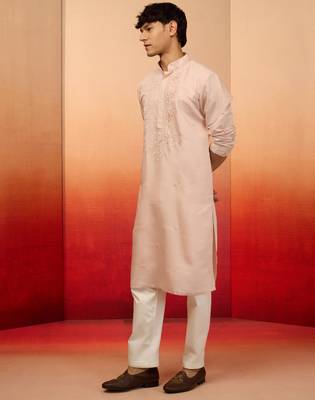 Peach silk blend embroidered kurta with cream pyjama - festive set 4