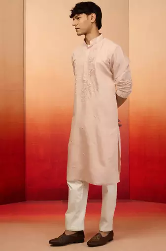 Peach silk blend embroidered kurta with cream pyjama - festive set