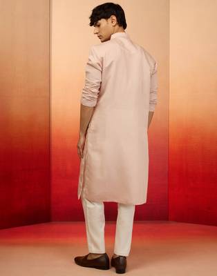 Peach silk blend embroidered kurta with cream pyjama - festive set 5