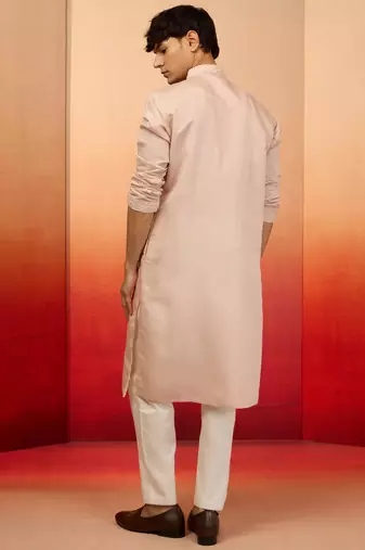 Peach silk blend embroidered kurta with cream pyjama - festive set