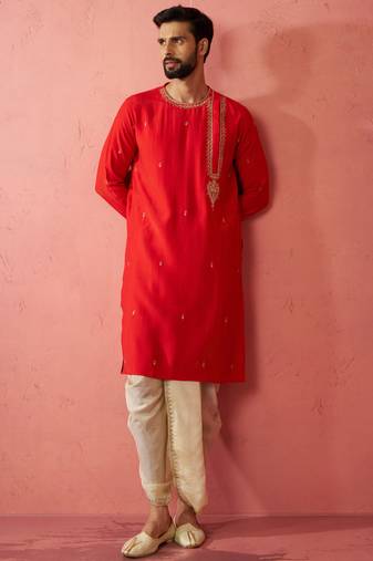 red zari kurta with beige dhoti - wedding ethnic set
