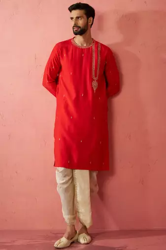 red zari kurta with beige dhoti - wedding ethnic set