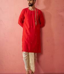red zari kurta with beige dhoti - wedding ethnic set