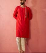 red zari kurta with beige dhoti - wedding ethnic set