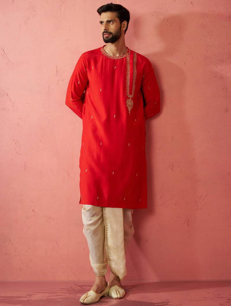 red zari kurta with beige dhoti - wedding ethnic set