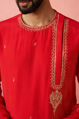 red zari kurta with beige dhoti - wedding ethnic set