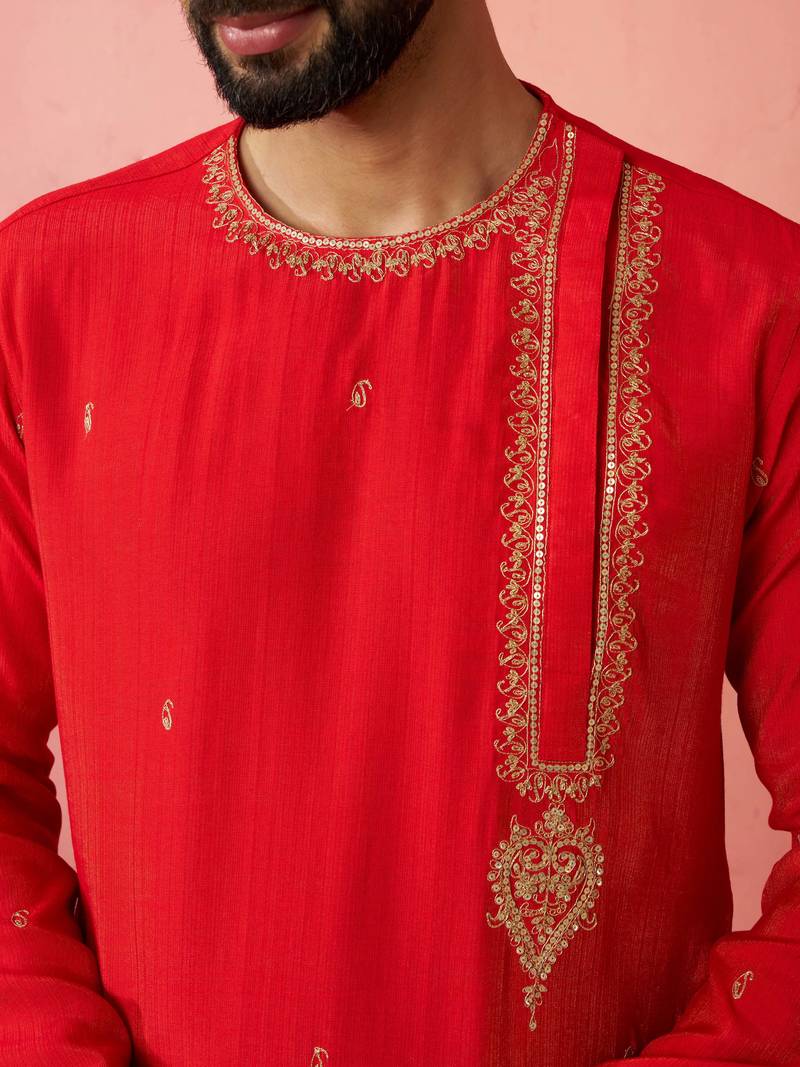 red zari kurta with beige dhoti - wedding ethnic set
