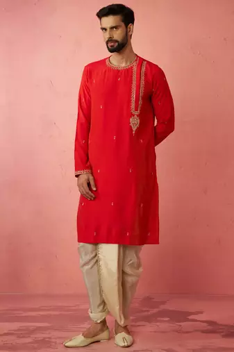 red zari kurta with beige dhoti - wedding ethnic set