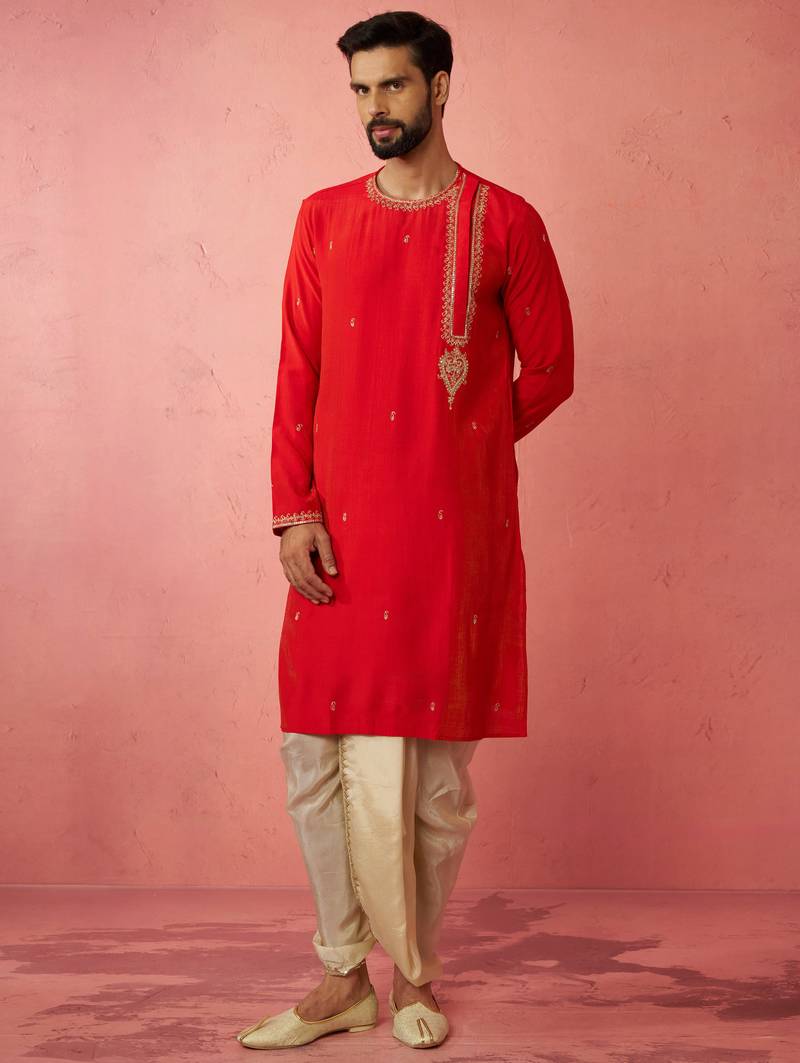 red zari kurta with beige dhoti - wedding ethnic set