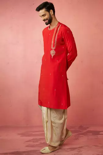 red zari kurta with beige dhoti - wedding ethnic set