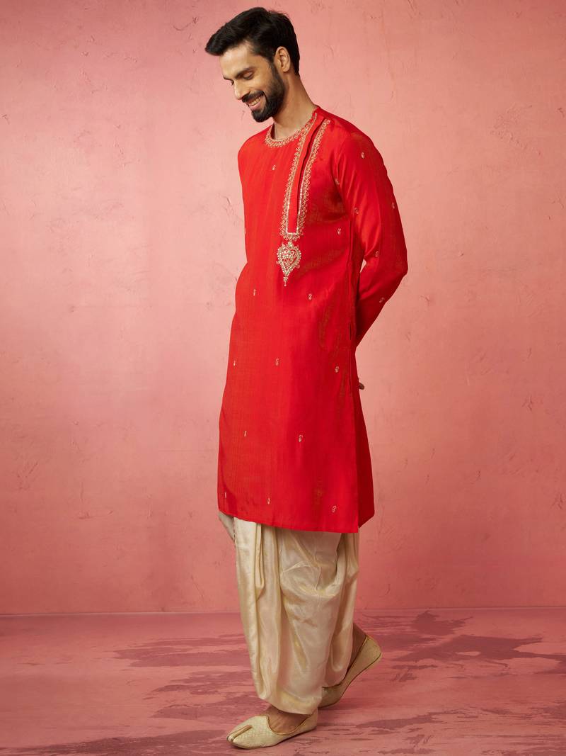 red zari kurta with beige dhoti - wedding ethnic set