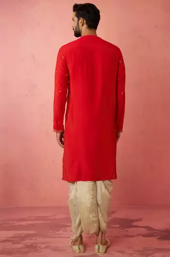 red zari kurta with beige dhoti - wedding ethnic set