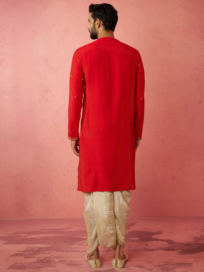 red zari kurta with beige dhoti - wedding ethnic set