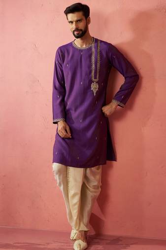 purple zari kurta with beige dhoti - festive ethnic set