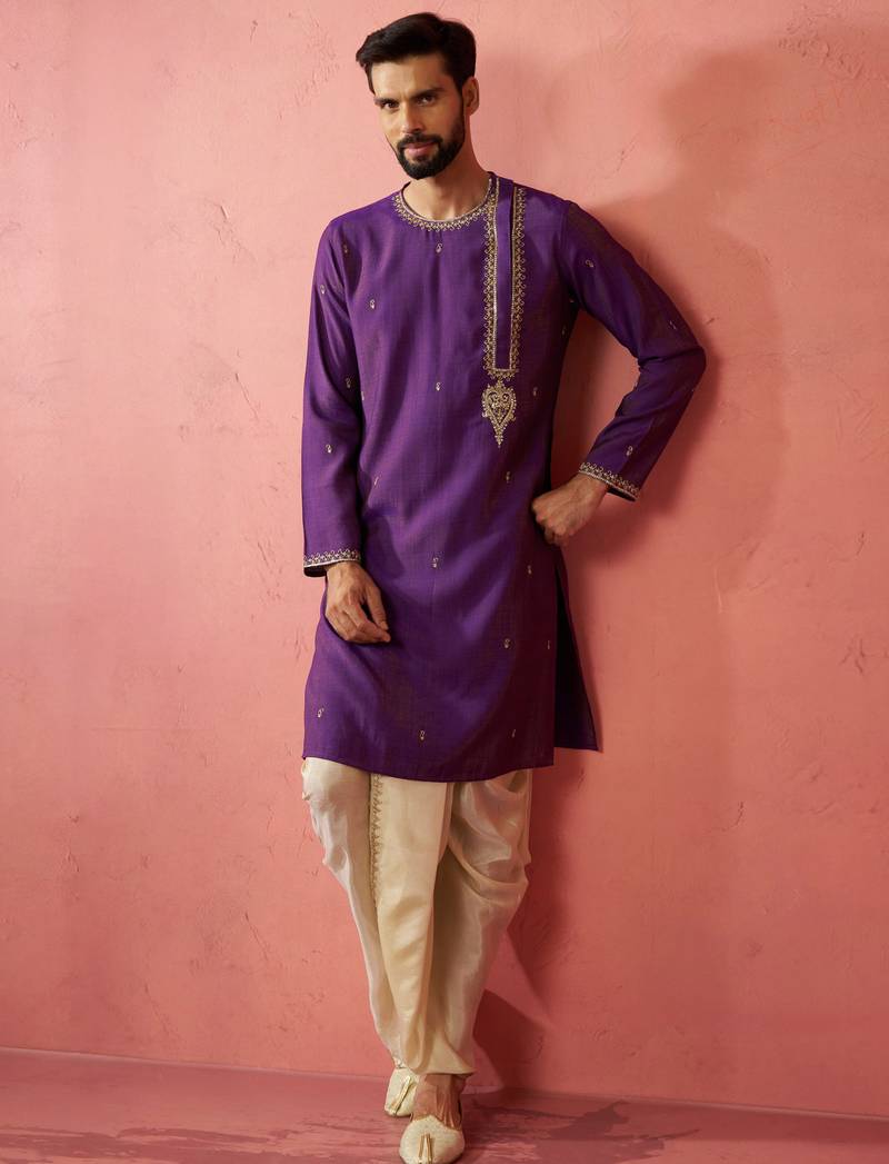 purple zari kurta with beige dhoti - festive ethnic set