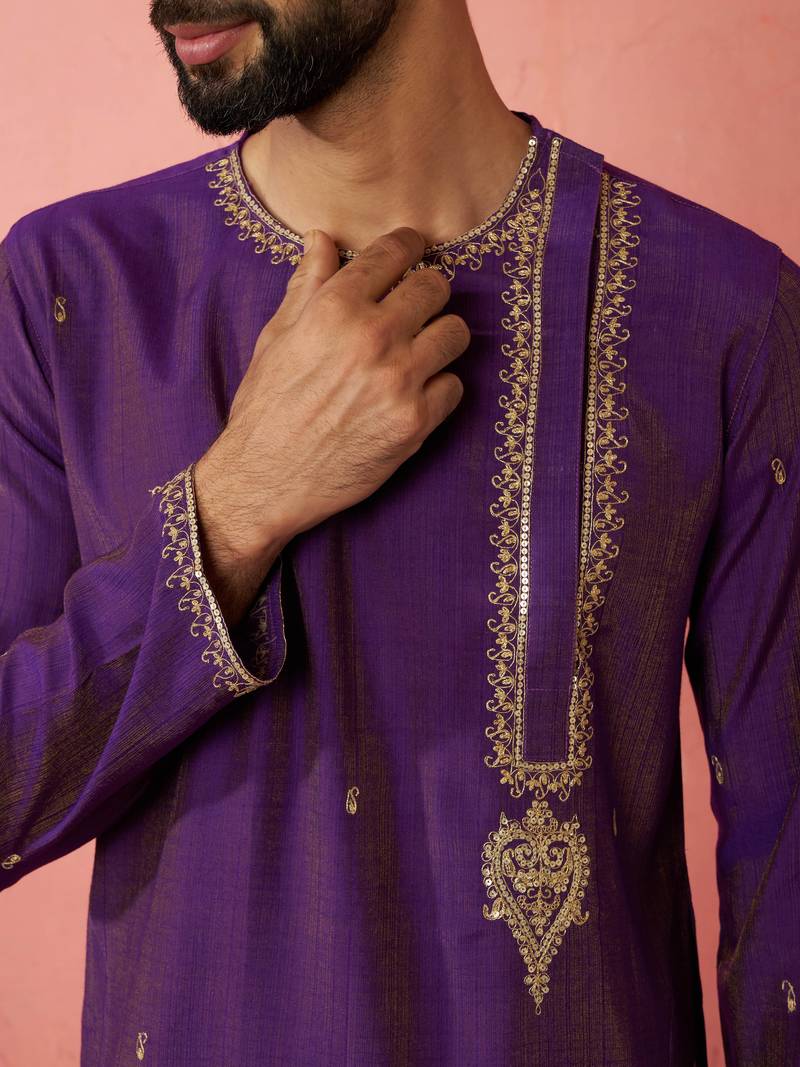 purple zari kurta with beige dhoti - festive ethnic set