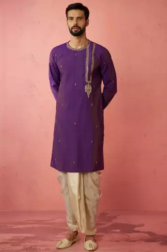 purple zari kurta with beige dhoti - festive ethnic set