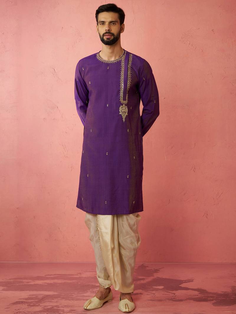 purple zari kurta with beige dhoti - festive ethnic set