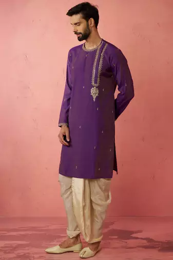 purple zari kurta with beige dhoti - festive ethnic set