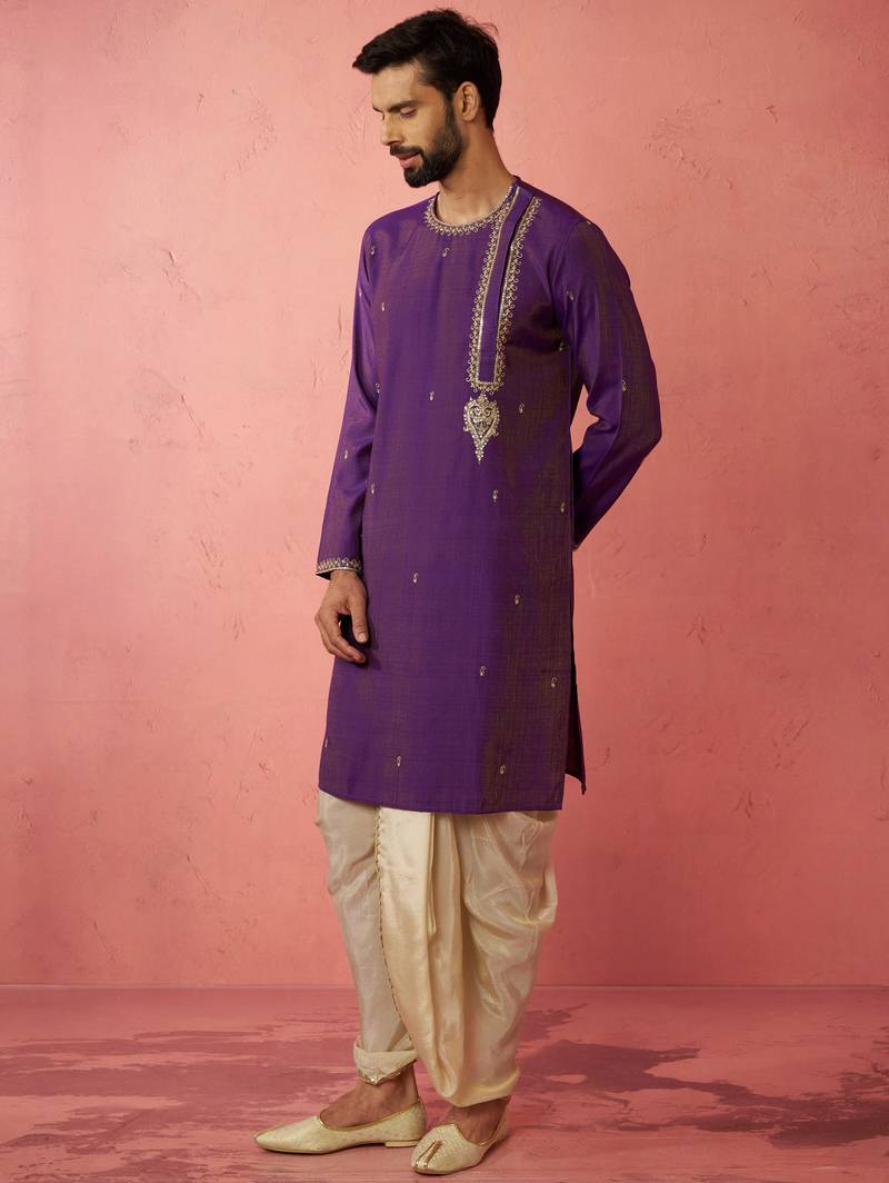 purple zari kurta with beige dhoti - festive ethnic set