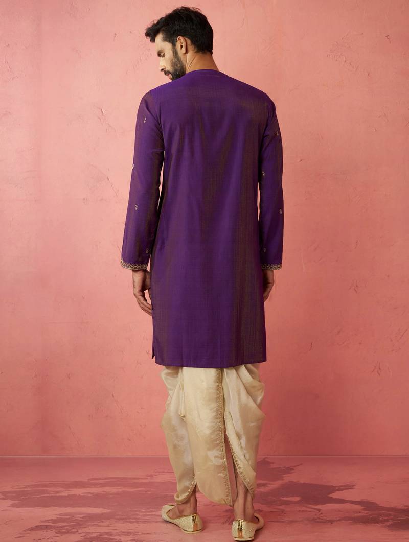 purple zari kurta with beige dhoti - festive ethnic set