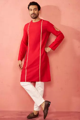 red zardozi kurta cream pant set - navratri durga puja wear