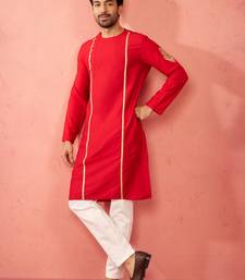 red zardozi kurta cream pant set - navratri durga puja wear