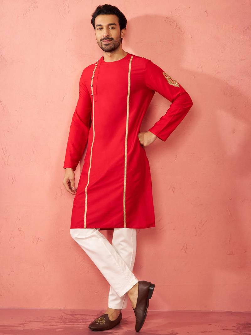 red zardozi kurta cream pant set - navratri durga puja wear