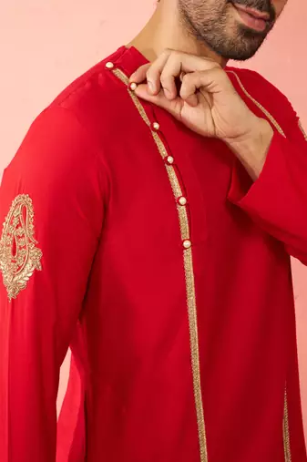 red zardozi kurta cream pant set - navratri durga puja wear