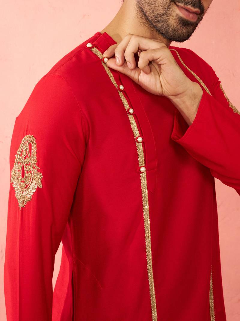 red zardozi kurta cream pant set - navratri durga puja wear