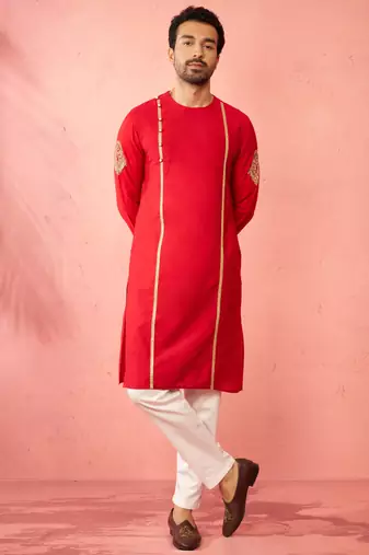 red zardozi kurta cream pant set - navratri durga puja wear