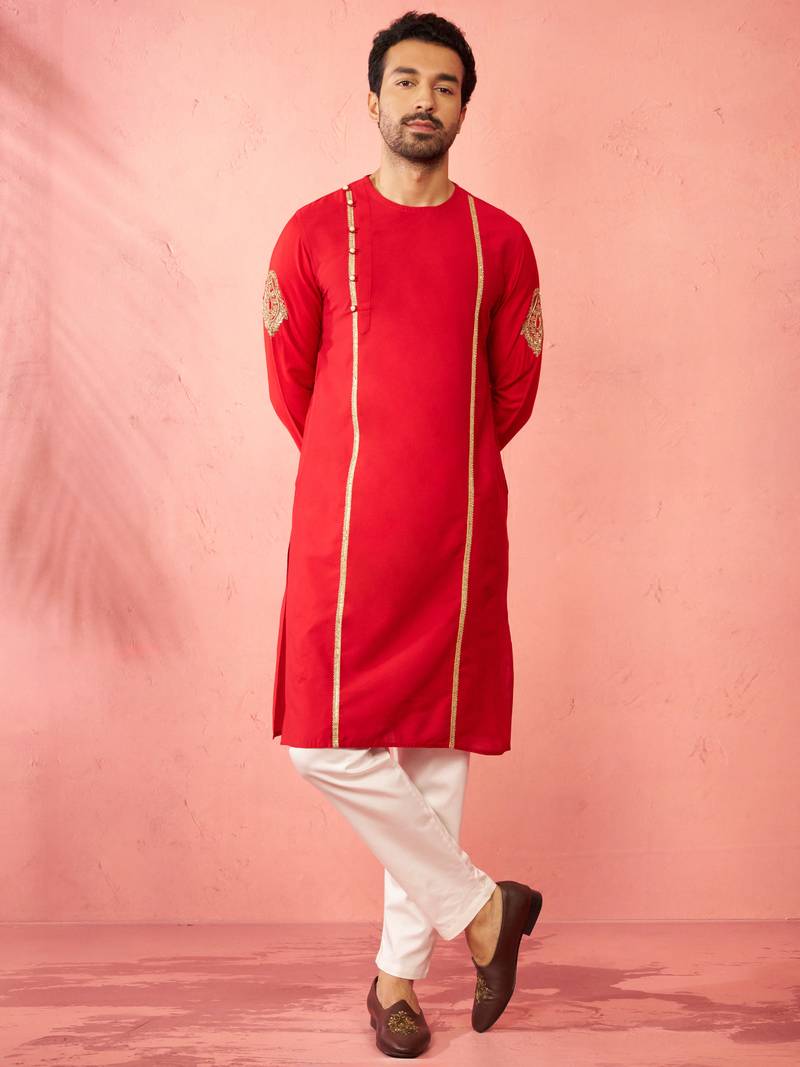 red zardozi kurta cream pant set - navratri durga puja wear