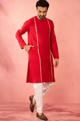 red zardozi kurta cream pant set - navratri durga puja wear