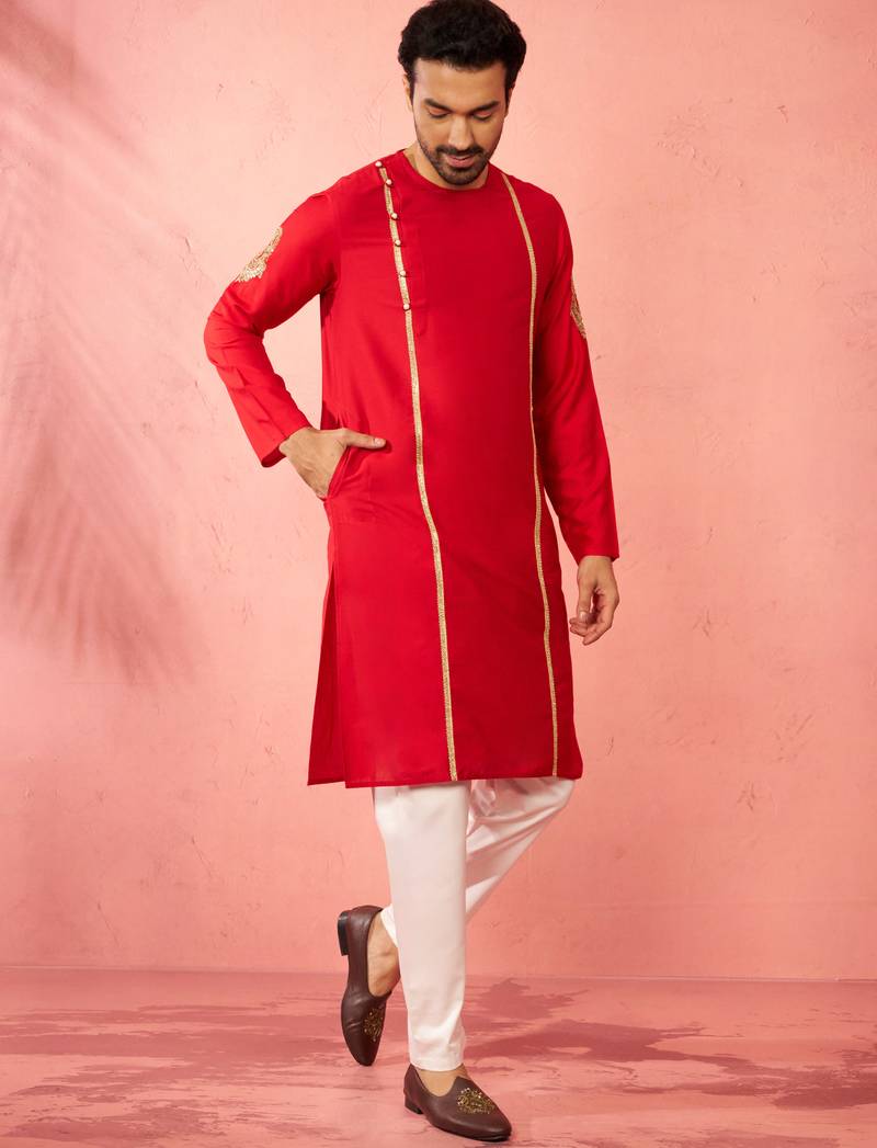 red zardozi kurta cream pant set - navratri durga puja wear