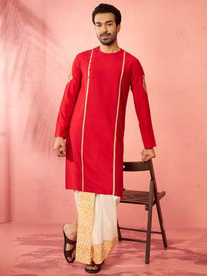 red zardozi kurta cream dhoti set - navratri traditional wear 1