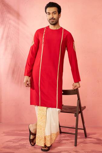 red zardozi kurta cream dhoti set - navratri traditional wear