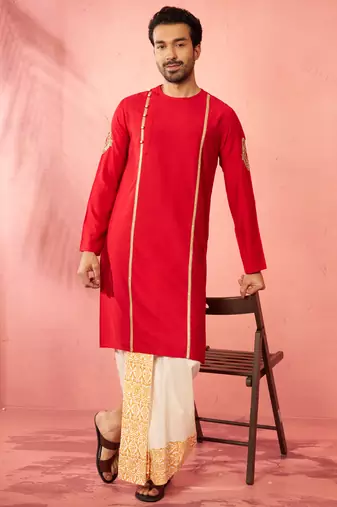red zardozi kurta cream dhoti set - navratri traditional wear